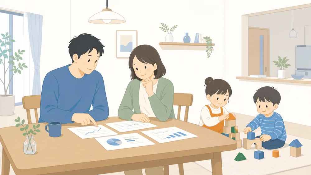 ダイニングテーブルで資金計画の資料を見ながら話し合う夫婦と、そばで遊ぶ子どもたち