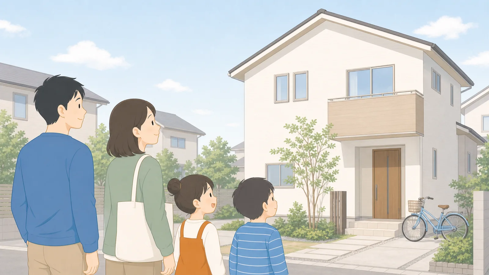 新しい家を家族4人で見上げている様子