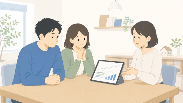 タブレットの資金計画を見ながら営業担当と話す夫婦